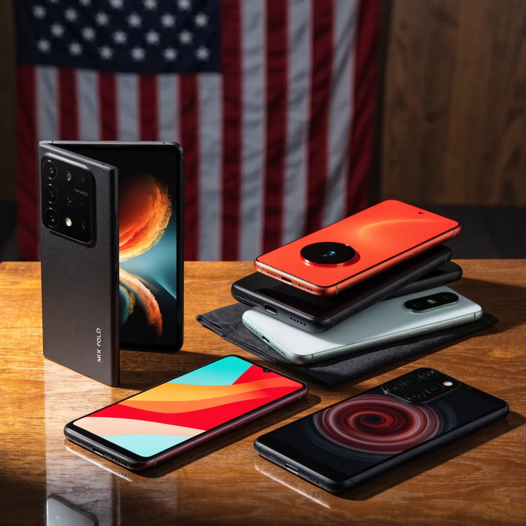 A realistic photo of various Chinese smartphones like Xiaomi Mix Fold and Honor Magic displayed on a table in front of a US flag, highlighting compatibility and carrier challenges.