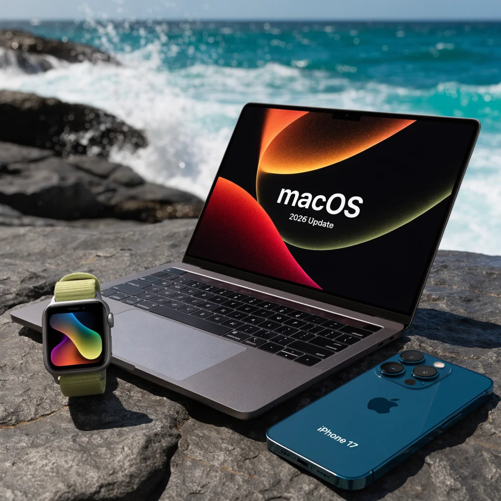 A close-up photo of the 2026 MacBook Pro with a vibrant OLED touchscreen display showcasing the latest macOS update, alongside the Apple Watch Series 11 and iPhone 17.