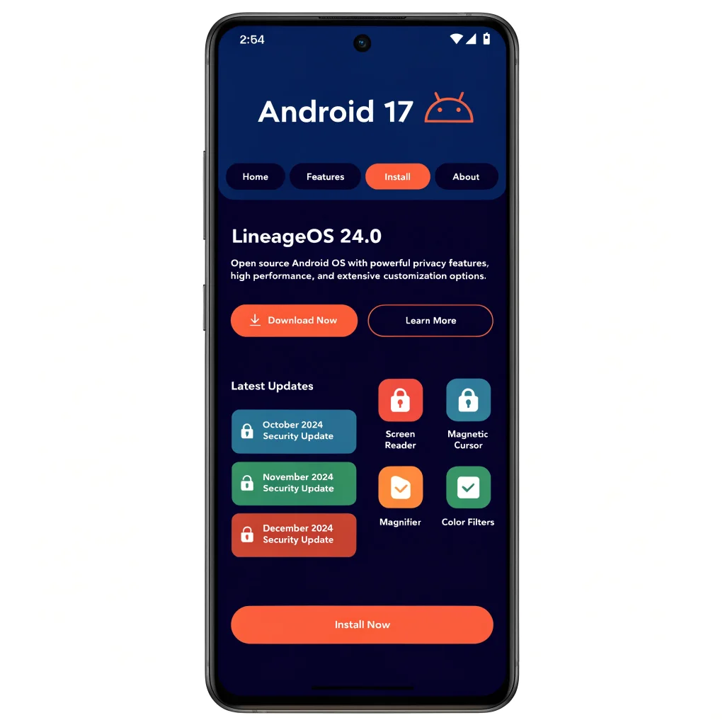 A smartphone displaying the LineageOS 24.0 installation screen on Android 17 with security update notifications and accessibility features highlighted.