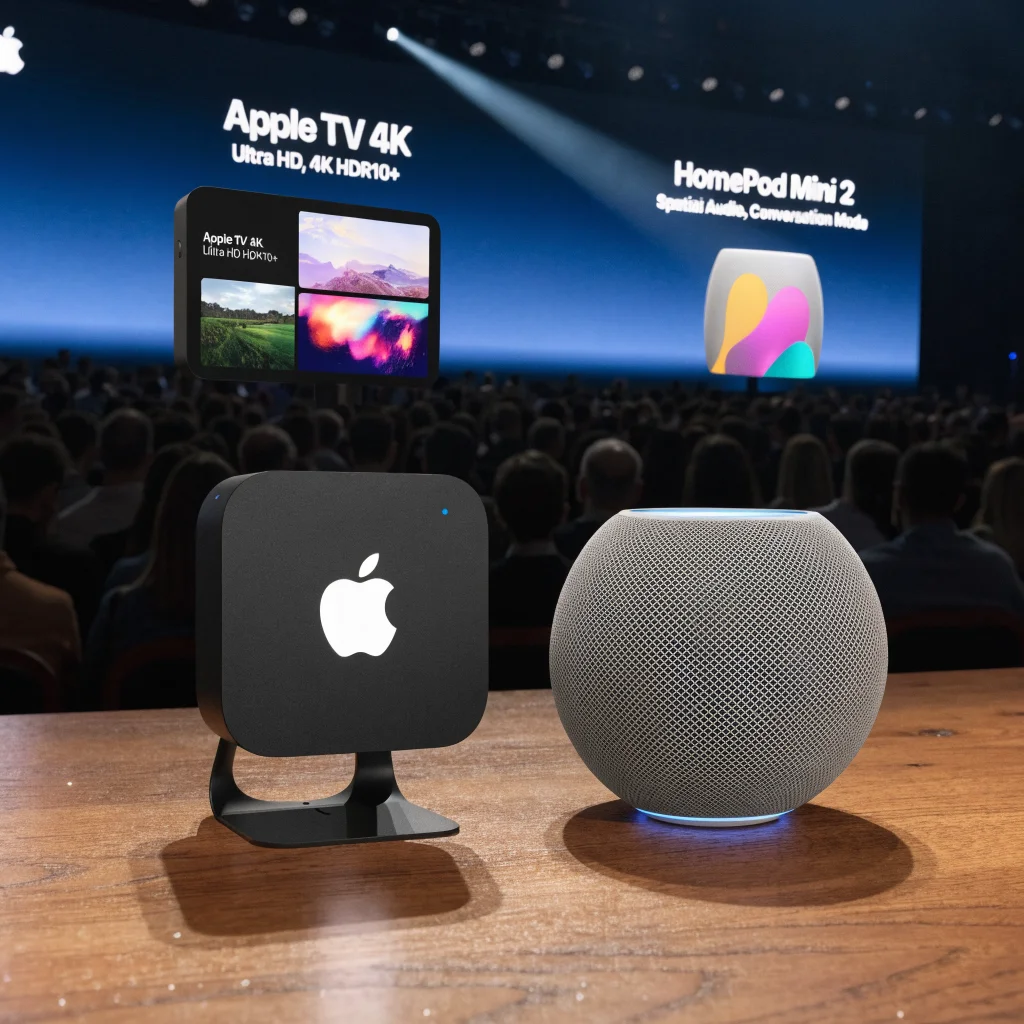 A sleek new Apple TV 4K and HomePod Mini 2 displayed on a modern wooden table during an official Apple product launch event.