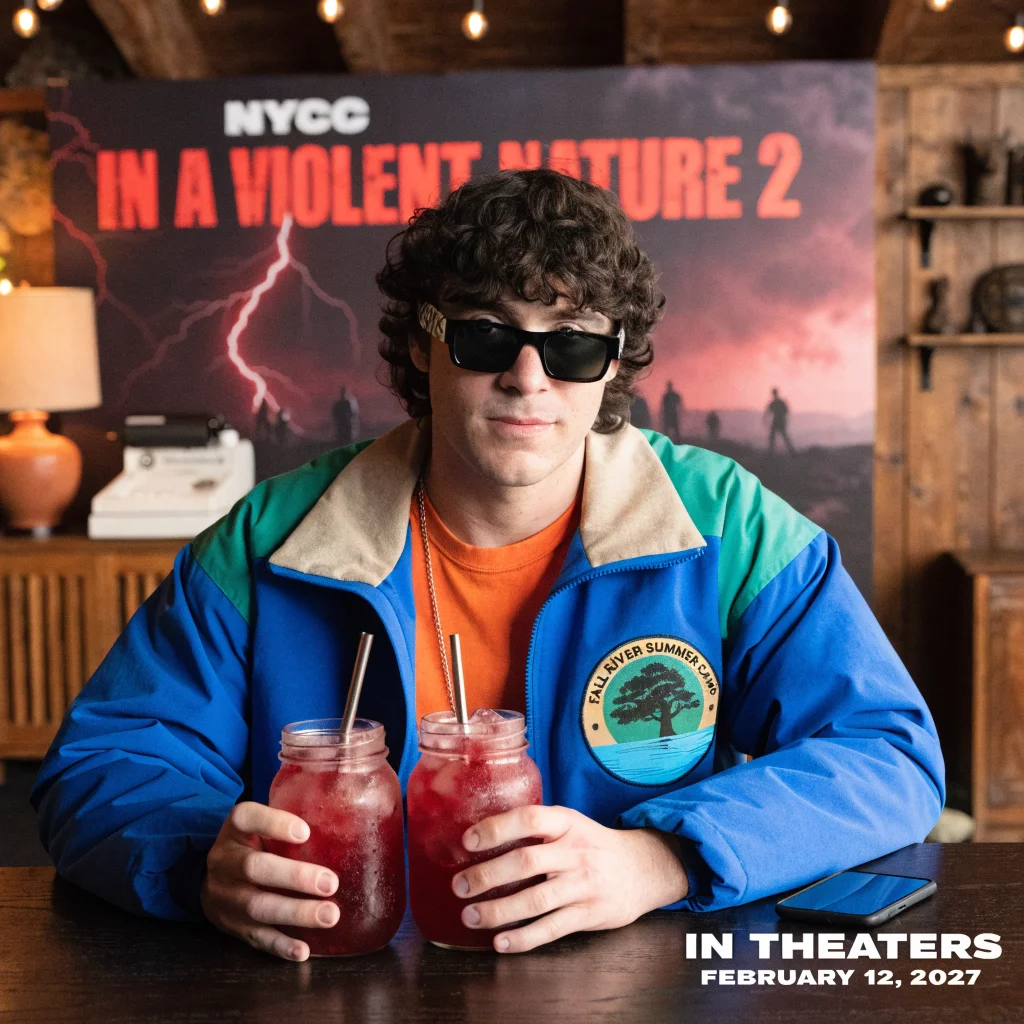 A realistic photo of Ry Barrett at NYCC promoting the February 12, 2027, sequel horror slasher film In A Violent Nature 2 set at a summer camp.