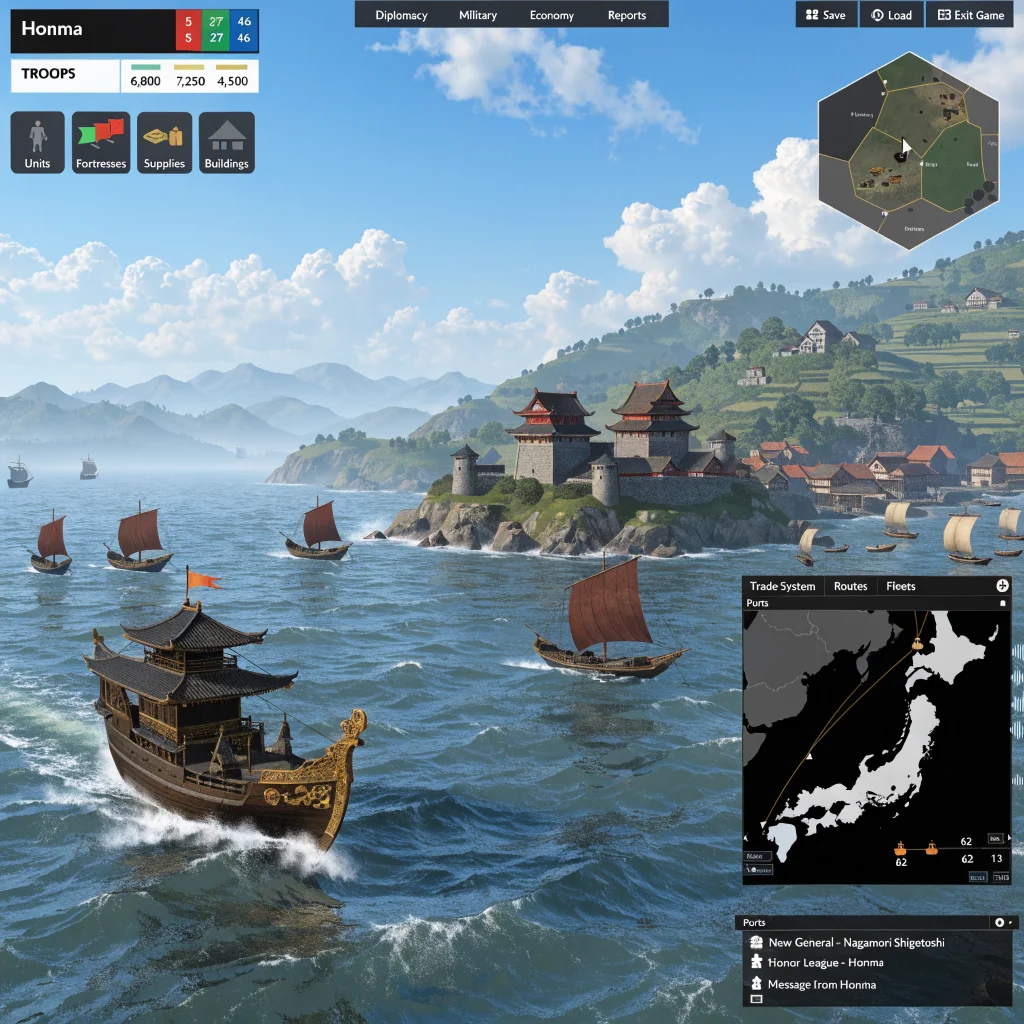 A detailed screenshot of Shogun 2 Total War remaster showing improved graphics, Japanese voice acting, and enhanced strategic gameplay with the Honma clan and trade system.