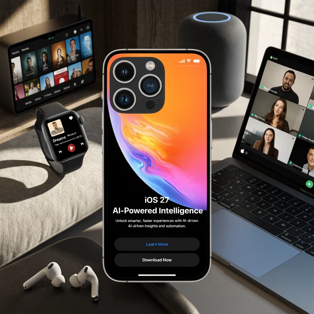 A sleek iPhone 17 displayed alongside an iOS 27 update screen, with MacBook Pro, Apple Watch Series 11, AirPods, HomePod mini, and Apple TV 4K subtly featured in a modern tech setup.