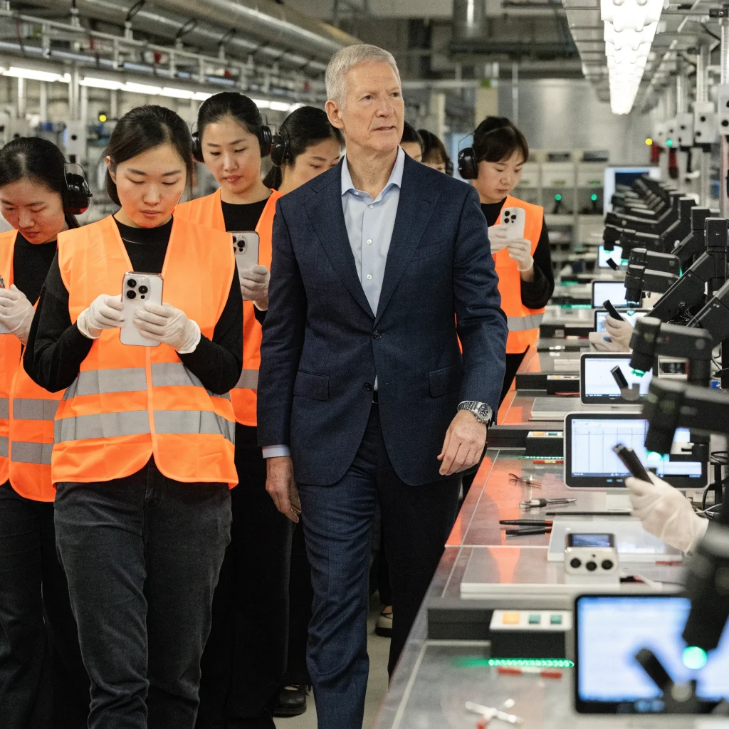Tim Cook in a business suit visiting an Apple manufacturing facility in Guangdong, China, surrounded by assembly lines and engineers inspecting iPhone 18 Pro devices.