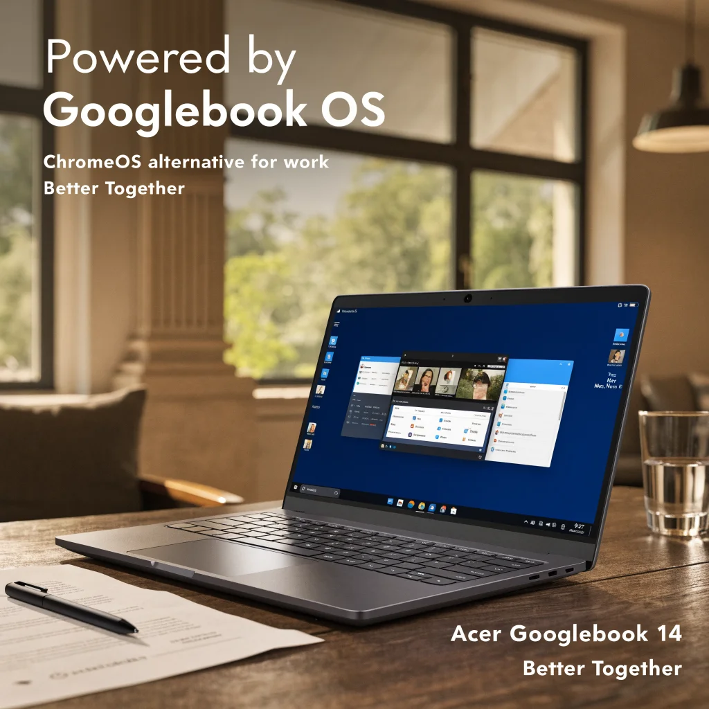 A realistic photo of an Acer Googlebook 14 touchscreen laptop running Googlebook OS, highlighting its Better Together feature as a ChromeOS alternative for work.