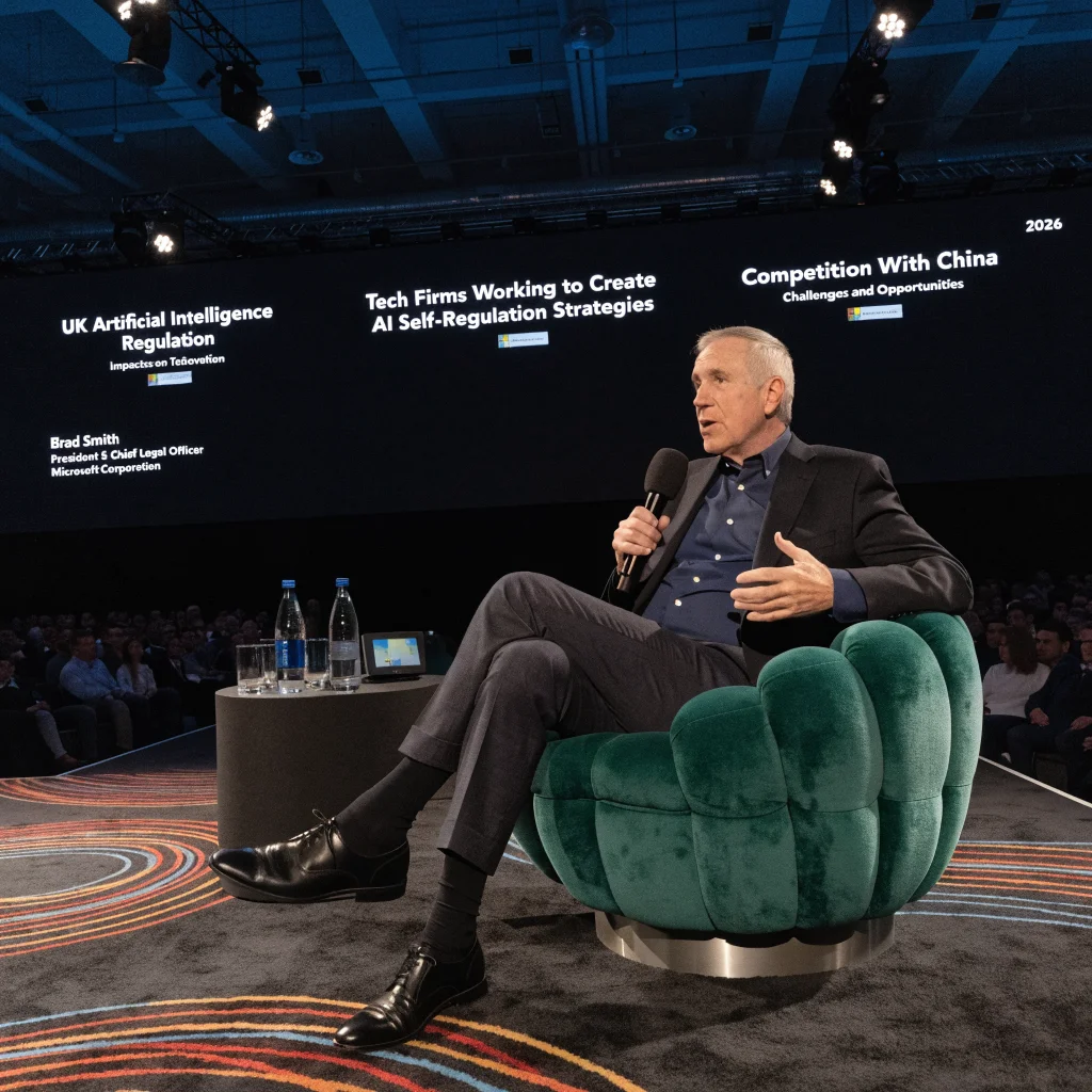Brad Smith speaking at a technology conference about UK AI regulation, competition with China, and AI self-regulation strategies in 2026.