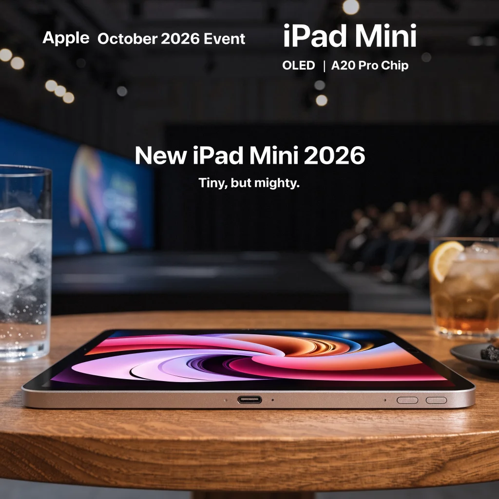 A realistic photo of the new iPad Mini 2026 with OLED screen and A20 Pro chip showcased at an Apple October 2026 event.