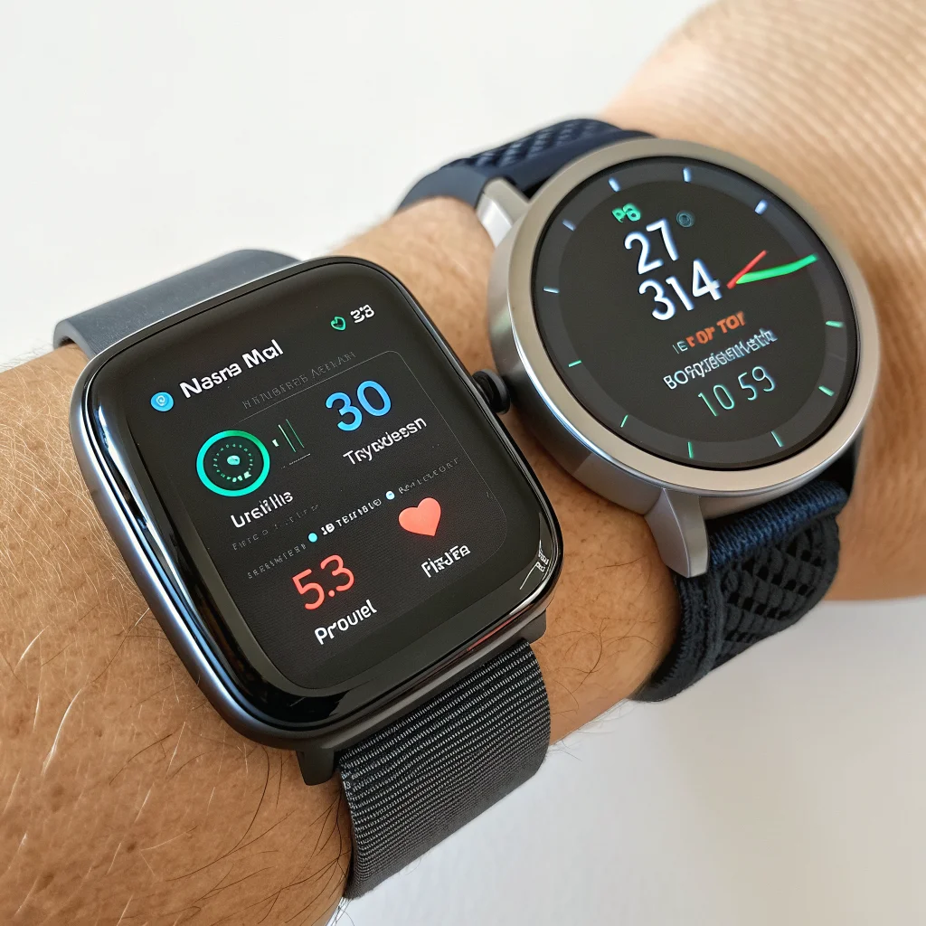 A close-up photo of a Fitbit Air fitness tracker on a wrist displaying automatic workout detection features next to a Google Pixel Watch, highlighting fitness tracking technology.
