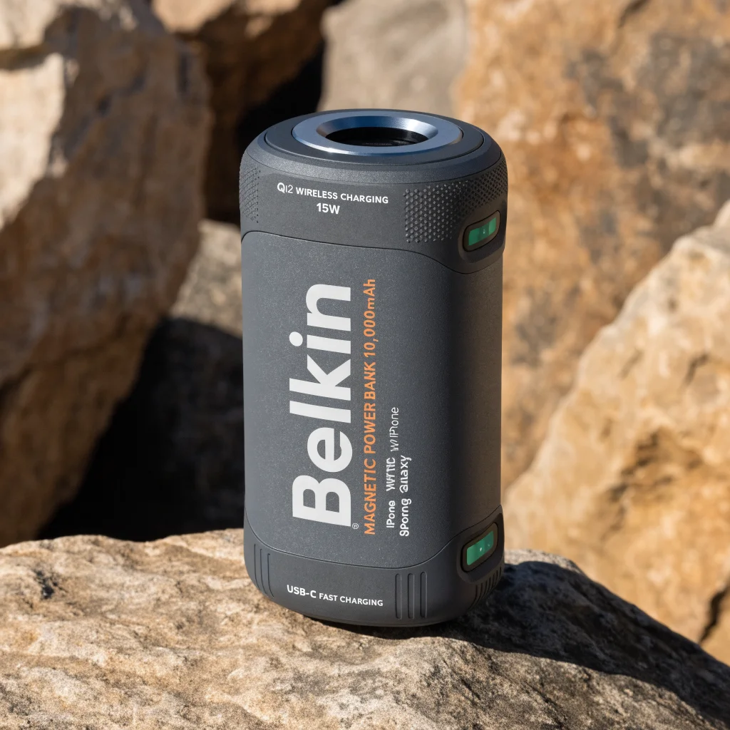 A realistic photo of a Belkin 10,000mAh magnetic power bank with Qi2 wireless 15W charging and USB-C fast charging, compatible with iPhone and Samsung Galaxy, on a natural background.
