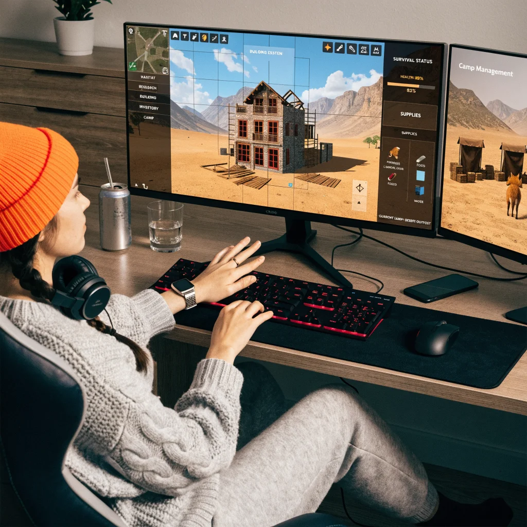 A realistic photo of a player building a Sims-style house while managing a camp in the RPG game Crimson Desert, featuring trading posts and animal companions.