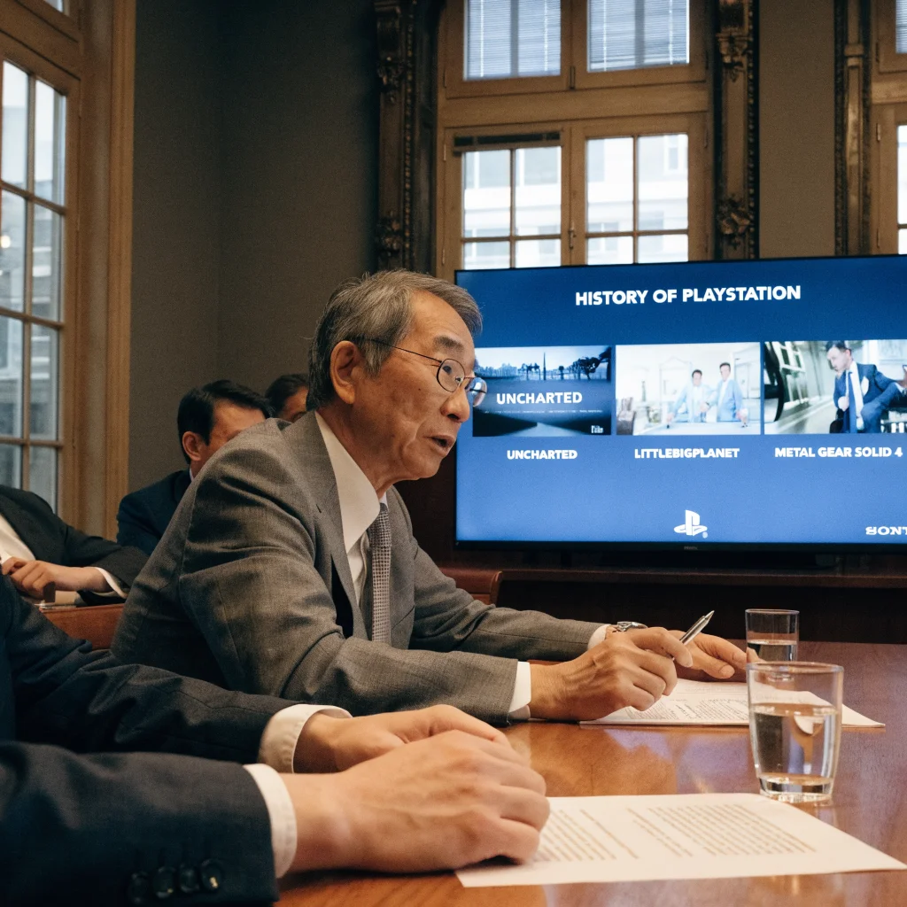 Kaz Hirai discussing PlayStation history and exclusive games like Uncharted, LittleBigPlanet, and Metal Gear Solid 4 at a Sony executive meeting.