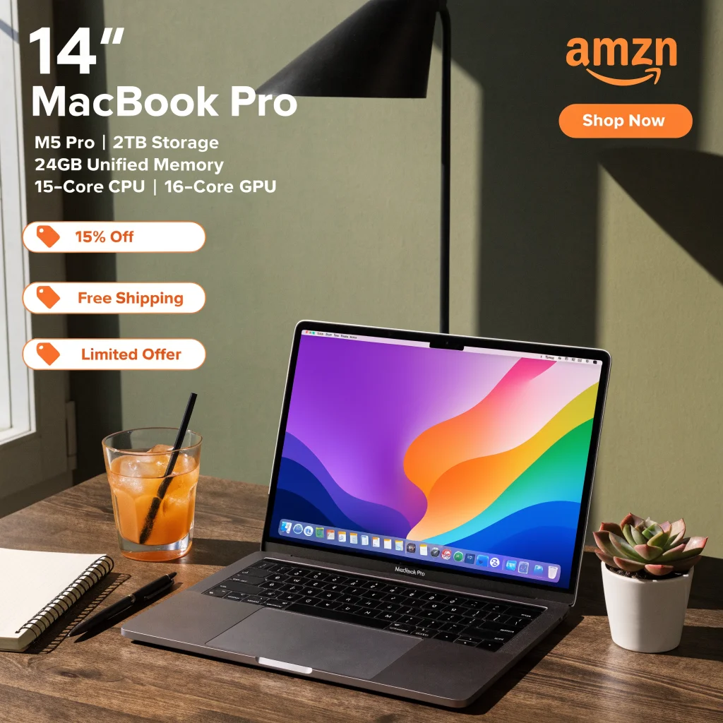 A 14-inch MacBook Pro with M5 Pro chip, 2TB storage, 24GB unified memory, 15-core CPU, and 16-core GPU displayed with Amazon discount tags on a laptop desk setup.
