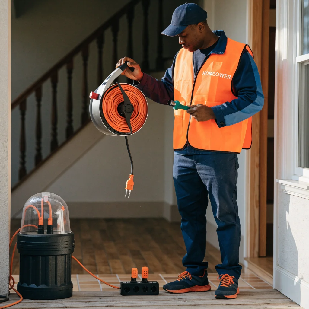 A realistic photo of a homeowner safely inspecting properly installed electrical extension cords and cables in a residential setting, emphasizing fire prevention and electrical safety.