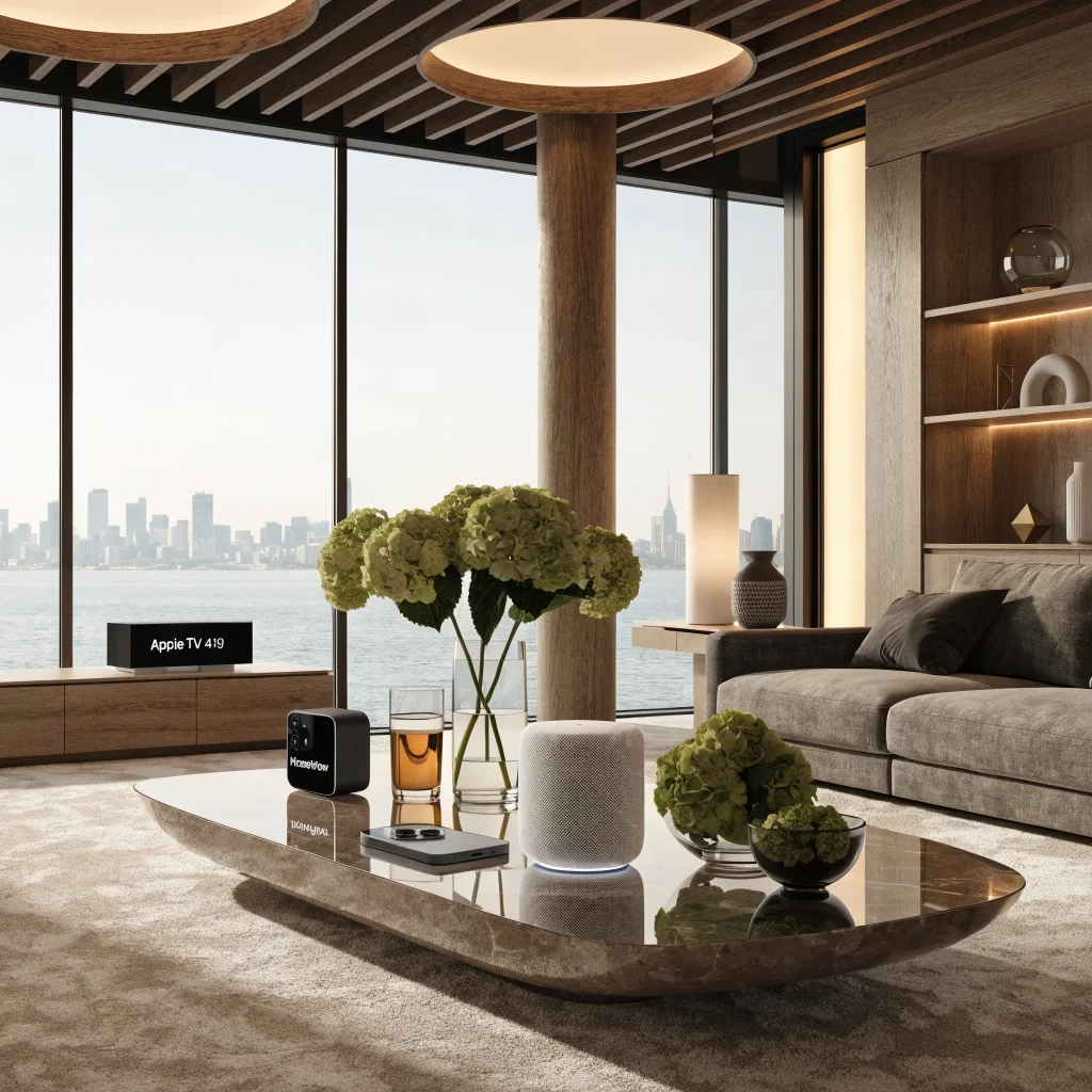A sleek modern living room showcasing Apple’s smart home devices, including iPhone 18 Pro, HomeView hub, HomePod mini S10, and Apple TV 4K A19.