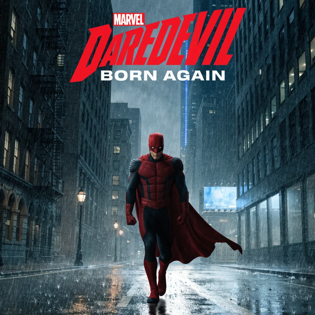 Charlie Cox as Matt Murdock in a dark New York City street scene, wearing the classic Daredevil suit, promoting Marvel's Daredevil Born Again series.