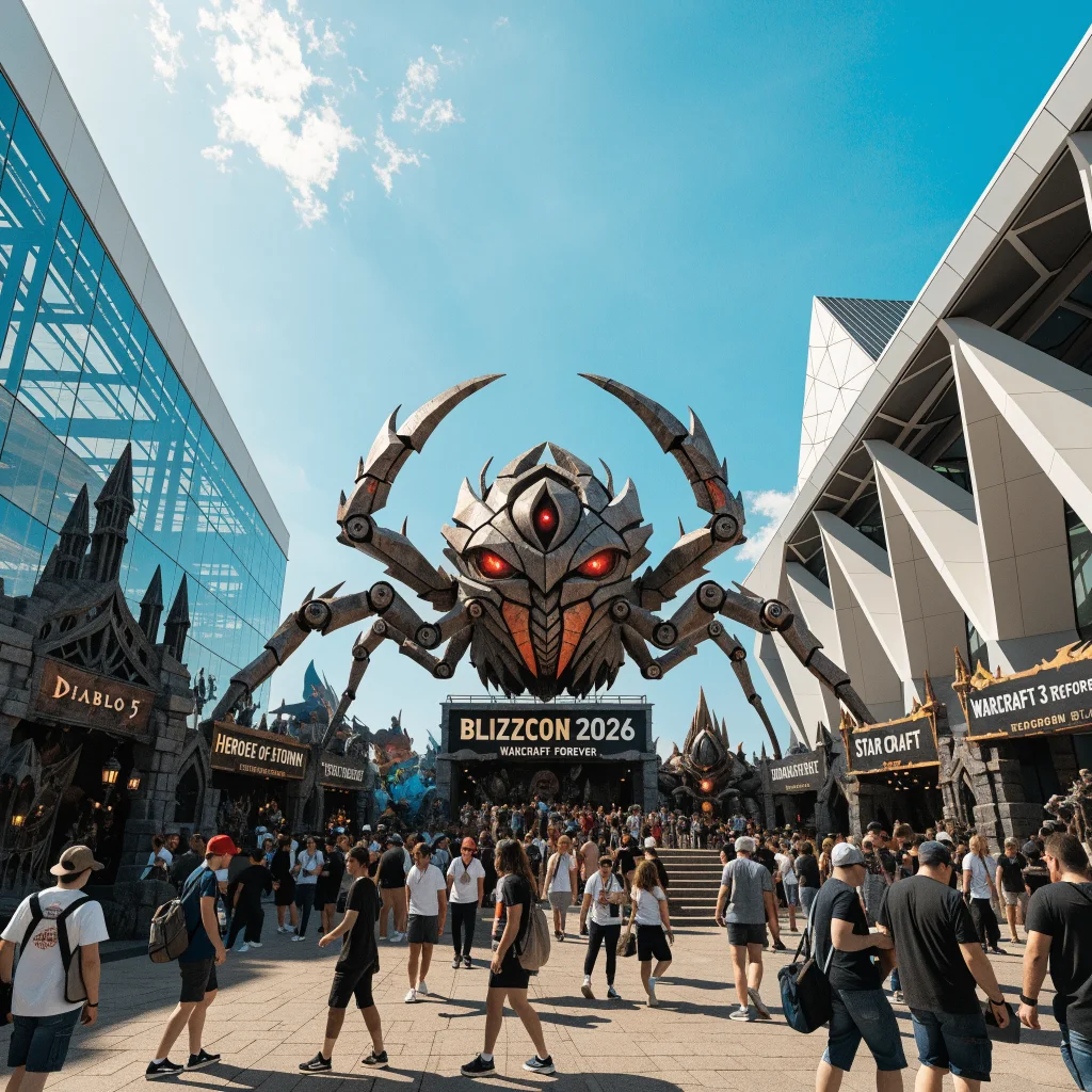 A lively scene from BlizzCon 2026 showcasing fans exploring exhibits of World of Warcraft Forever, Diablo 5, Heroes of the Storm, StarCraft, Warcraft 3 Reforged, and Forsaken Kingdom DLC.