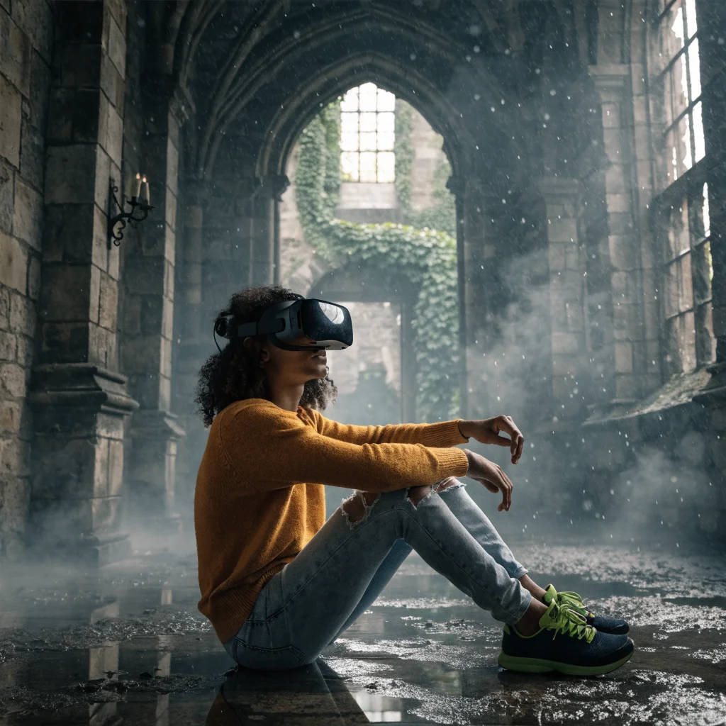 A realistic photo of a person wearing Apple Vision Pro headset immersed in a VR horror game set in Woldmere Castle, showcasing immersive horror technology.