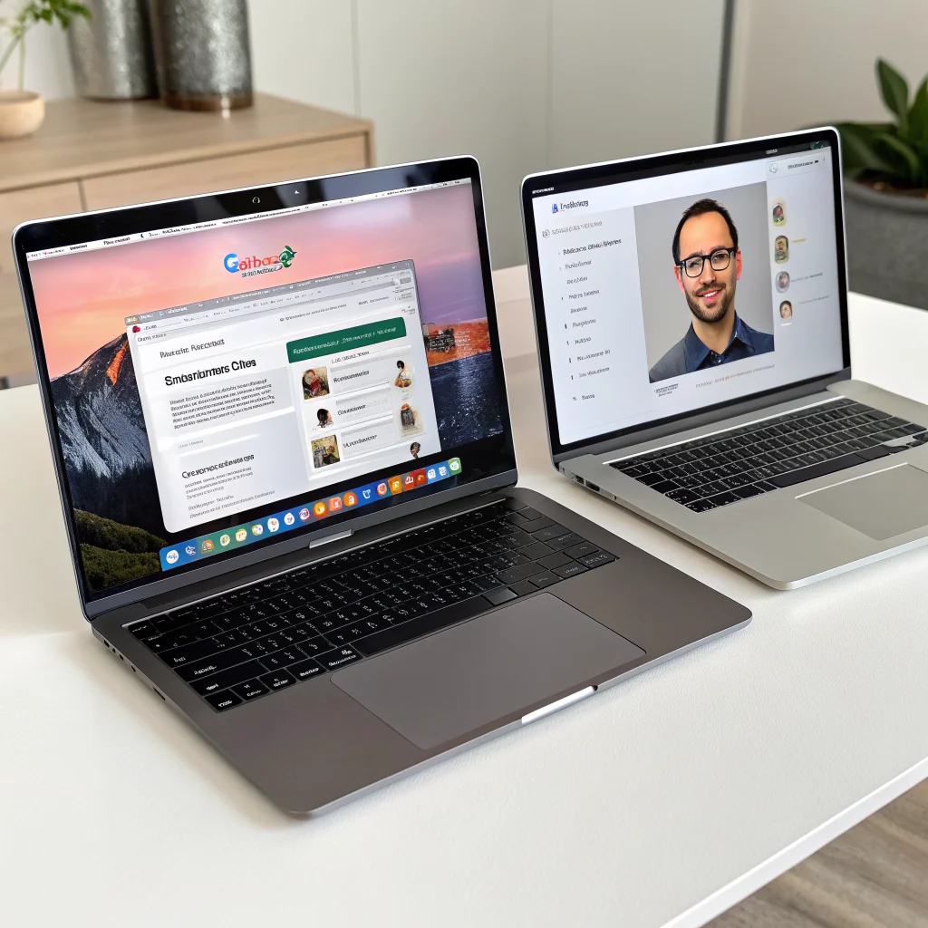 A realistic photo showing a Googlebook laptop and a MacBook side by side, displaying AI apps ChatGPT and Claude, highlighting software compatibility and integration features.