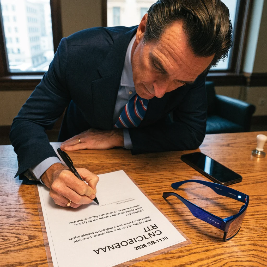 Governor Gavin Newsom signing California's 2026 SB-1130 smart glasses privacy bill banning secret recordings with visible recording indicators.