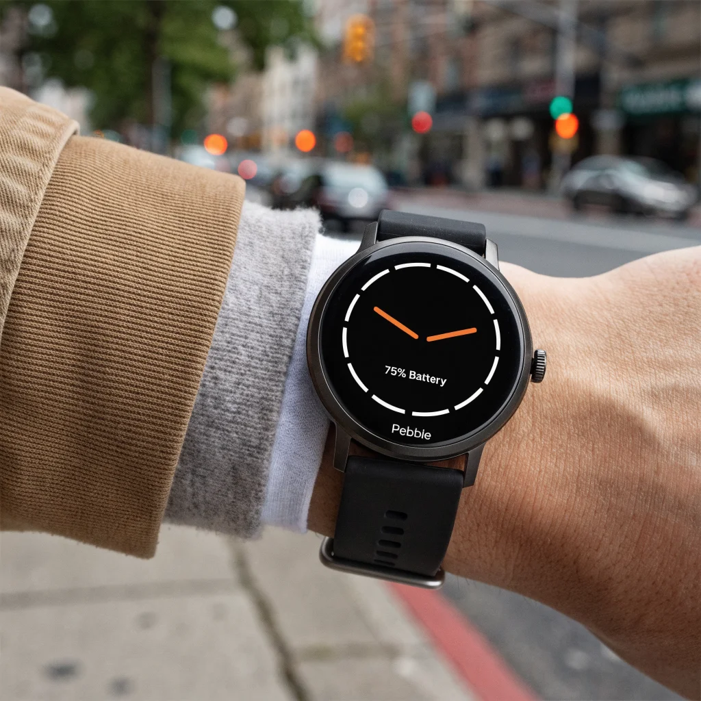 A close-up photo of the Pebble Round 2 smartwatch featuring its thin design and displaying battery life on the screen.
