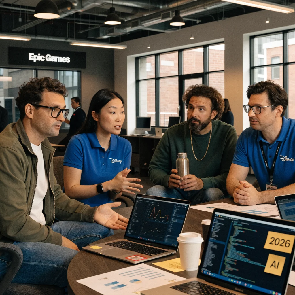 A realistic photo of Epic Games developers collaborating with Disney representatives using AI technology to create an advanced video game set for 2026.