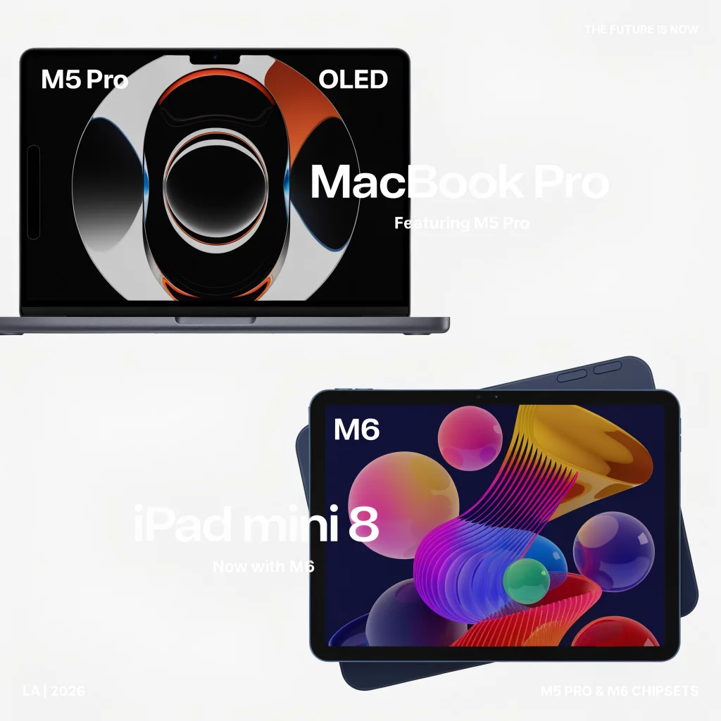 A sleek new MacBook Pro with OLED screen and iPad mini 8 displayed at Apple’s 2026 Los Angeles event showcasing latest M5 Pro and M6 chips.