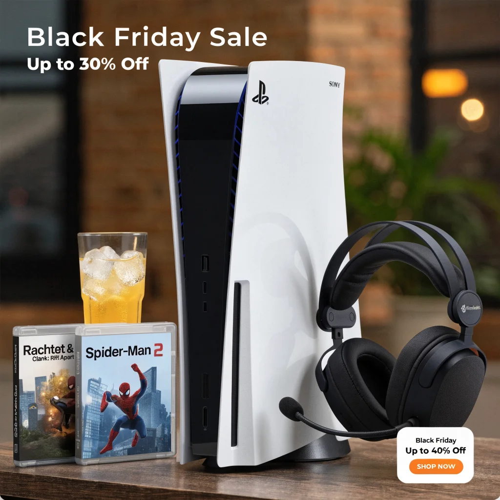 A realistic photo of a Sony PS5 console with physical game cases and SteelSeries Arctis Nova Omni headset, displayed with Black Friday discount tags.