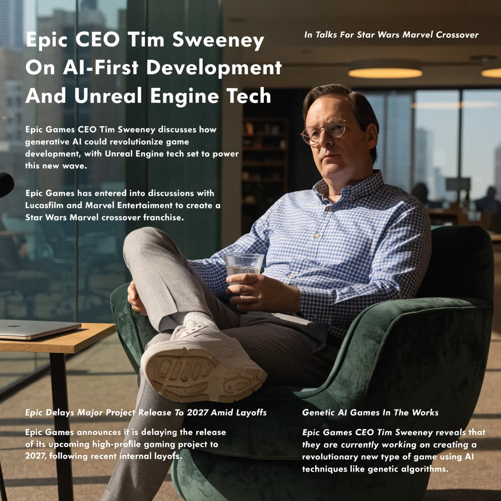 Tim Sweeney discussing Epic Games' AI-first development, Unreal Engine technology, Star Wars Marvel crossover, genetic AI games, and delayed 2027 release amid company layoffs.