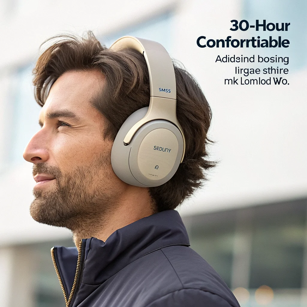 A realistic photo of Sony WH-1000XM5 wireless headphones featuring comfortable design, noise cancellation, beam-forming microphones, and displaying a 30-hour battery life.