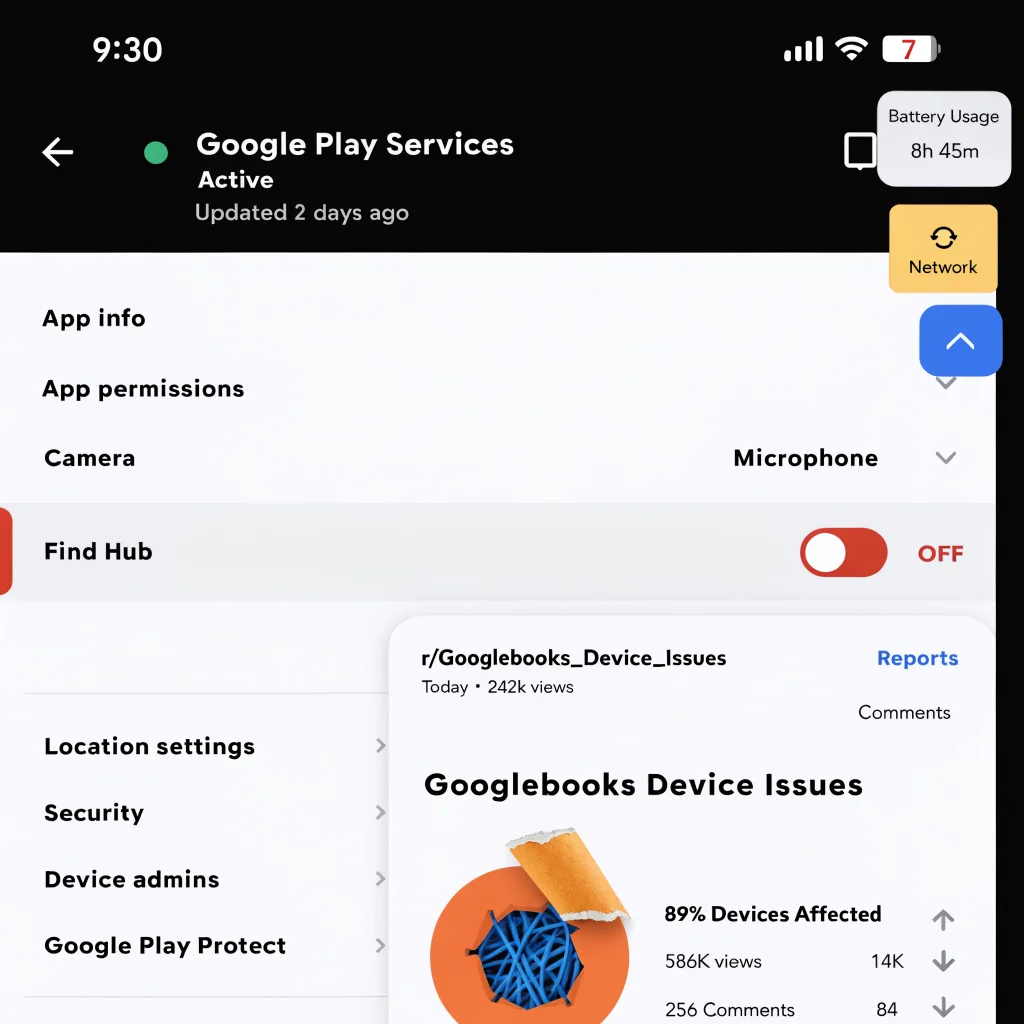 Close-up of a smartphone screen showing Google Play Services settings with Find Hub deactivated and a Reddit report about Googlebooks device issues.