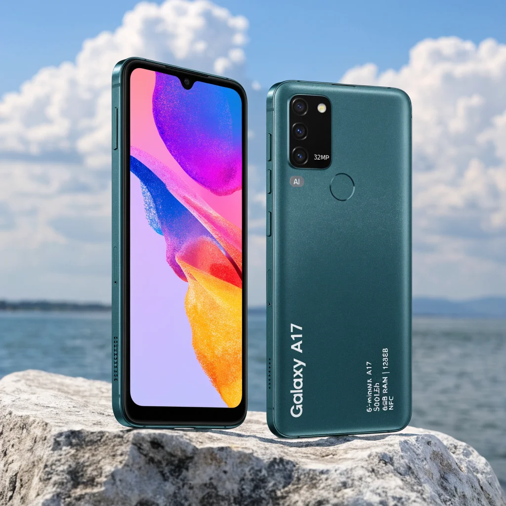 A realistic photo of the Samsung Galaxy A17 smartphone featuring a 6-inch AMOLED screen, 6GB RAM, 128GB storage, 5000mAh battery, 32MP camera, and NFC.