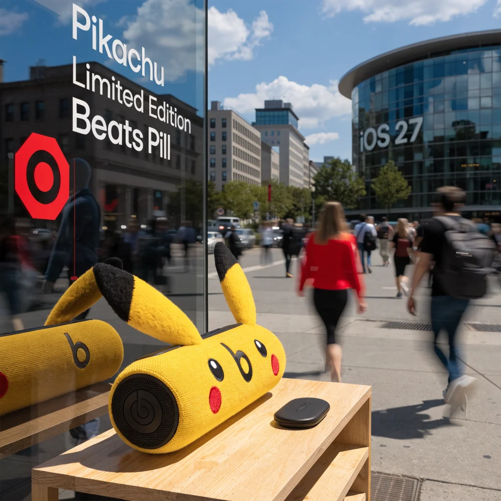 A realistic photo of a Pikachu-themed Beats Pill speaker displayed at Target store with Apple Park and iOS 27 features in the background.