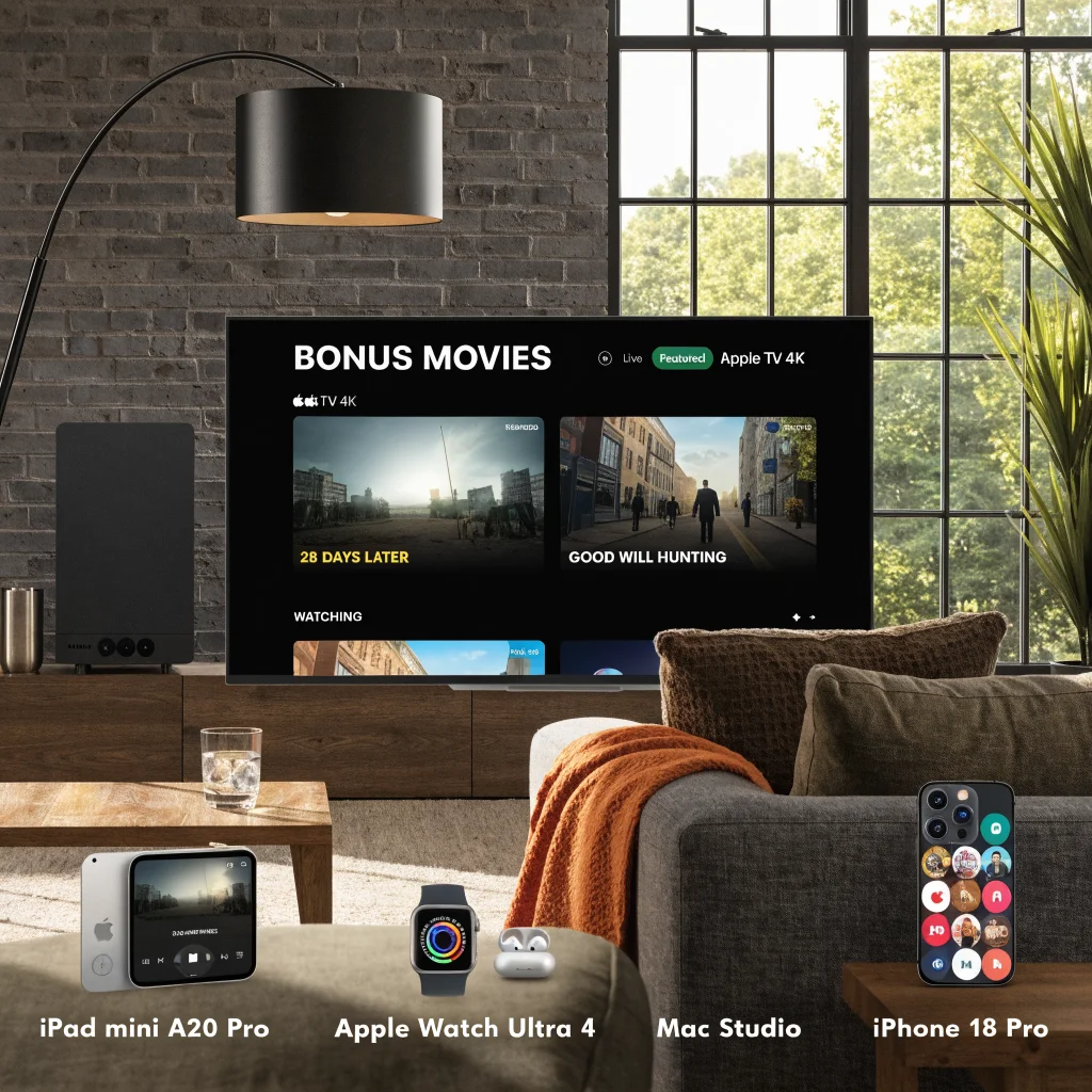 A modern living room with an Apple TV 4K streaming bonus movies like 28 Days Later and Good Will Hunting on a large screen, surrounded by Apple devices including iPad mini A20 Pro, Apple Watch Ultra 4, Mac Studio, and iPhone 18 Pro.