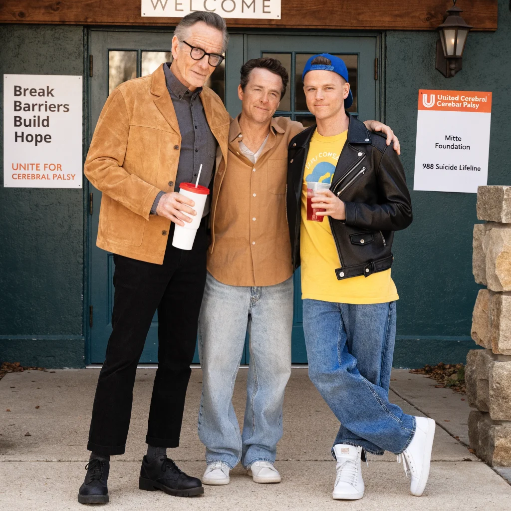 Bryan Cranston, Aaron Paul, and RJ Mitte support cerebral palsy care, posing together at a United Cerebral Palsy event promoting the Mitte Foundation and 988 Suicide Lifeline.
