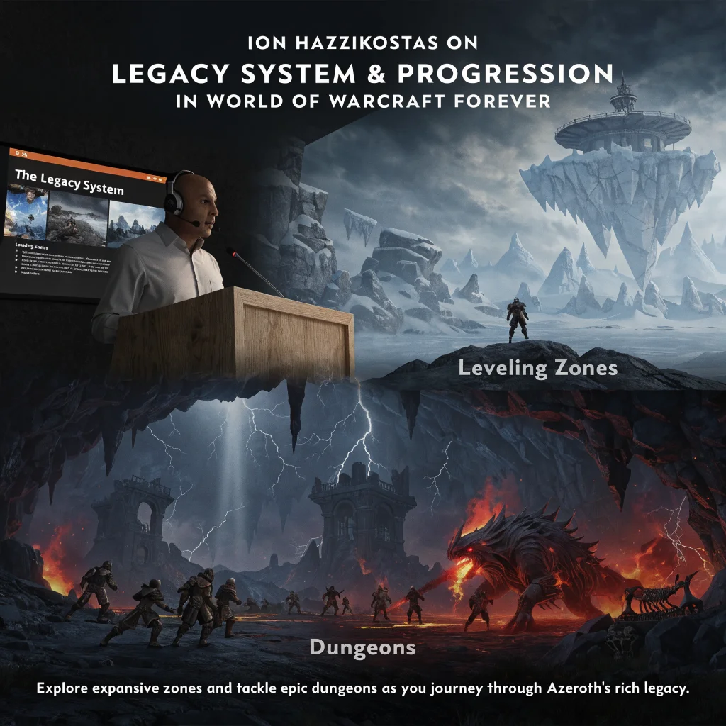 Ion Hazzikostas explaining the Legacy System and character progression in World of Warcraft Forever during a Blizzard gameplay presentation with leveling zones and dungeons.