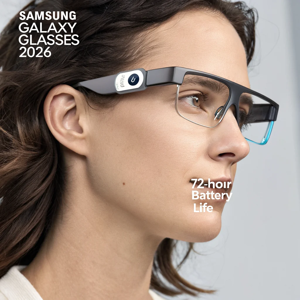 A close-up photo of Samsung Galaxy Glasses 2026 featuring a sleek frame, integrated 12MP camera, lightweight design, and showcasing their 72-hour battery life on a modern interface.