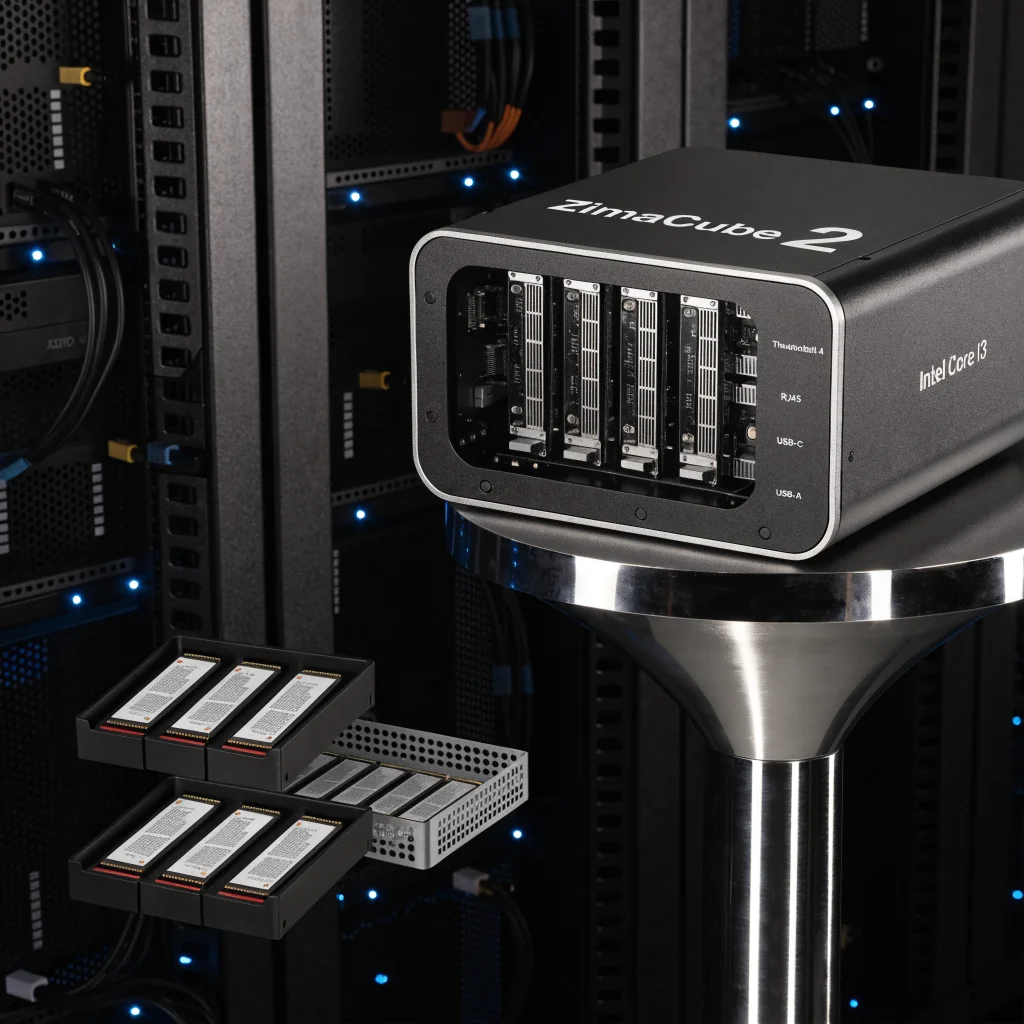 A realistic photo of the ZimaCube 2 NAS with Intel Core i3, six bays, Thunderbolt 4 ports, and multiple SSD expansions showcasing high networking performance.