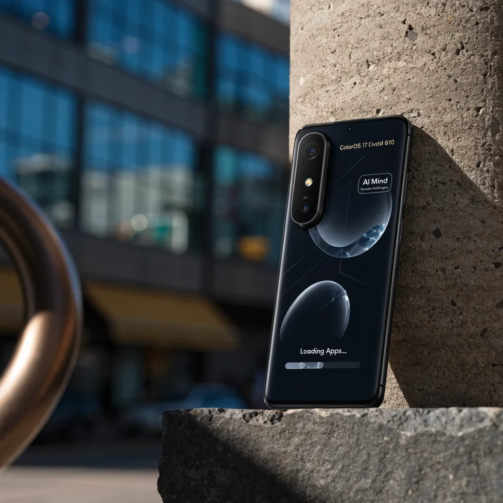 A realistic photo of an OPPO Find X10 smartphone displaying the ColorOS 17 Liquid Glass transparent interface with AI Mind features and app loading animation.