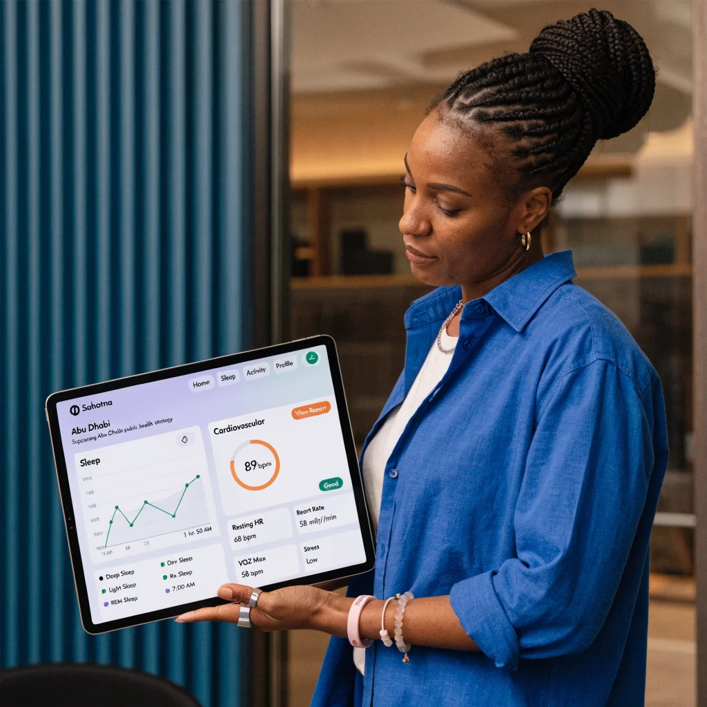 A realistic photo of a health professional demonstrating the Ultrahuman smart ring app Sahatna on a tablet, highlighting sleep and cardiovascular analytics for Abu Dhabi's public health strategy.