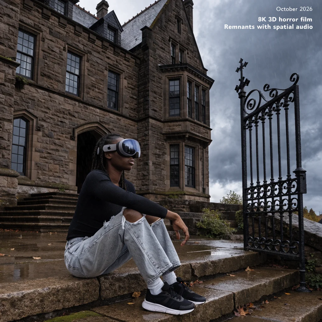 A realistic photo of a person wearing Apple Vision Pro at Woldmere Castle, immersed in an 8K 3D horror film Remnants with spatial audio, October 2026.