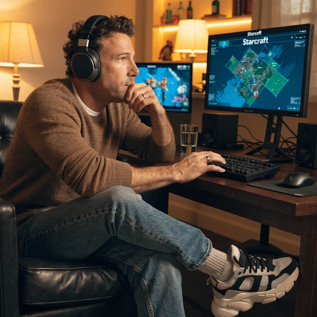 Ben Affleck playing classic 90s RTS video games like Starcraft and Command and Conquer, reviewing Blizzard remasters in a cozy gaming setup.