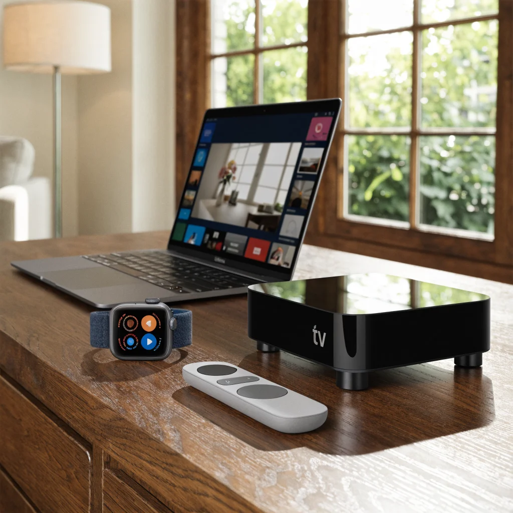 A sleek new Apple TV 4K with the updated Siri Remote beside an Apple Watch Series 12 and MacBook Neo on a modern desk.