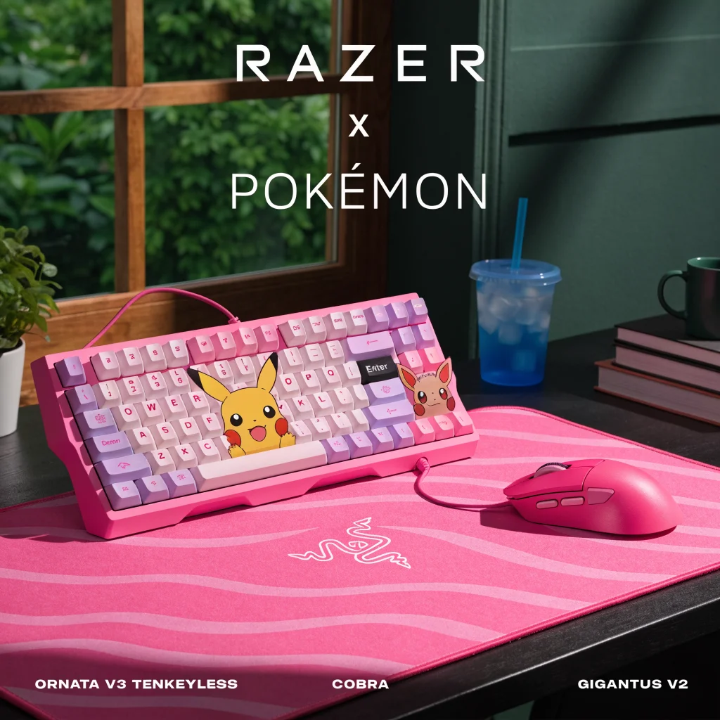 A pink gaming setup featuring Razer's new collaboration with Pokémon, showcasing Pikachu and Eevee-themed Ornata V3 Tenkeyless keyboard, Cobra gaming mouse, and Gigantus V2 mouse pad.