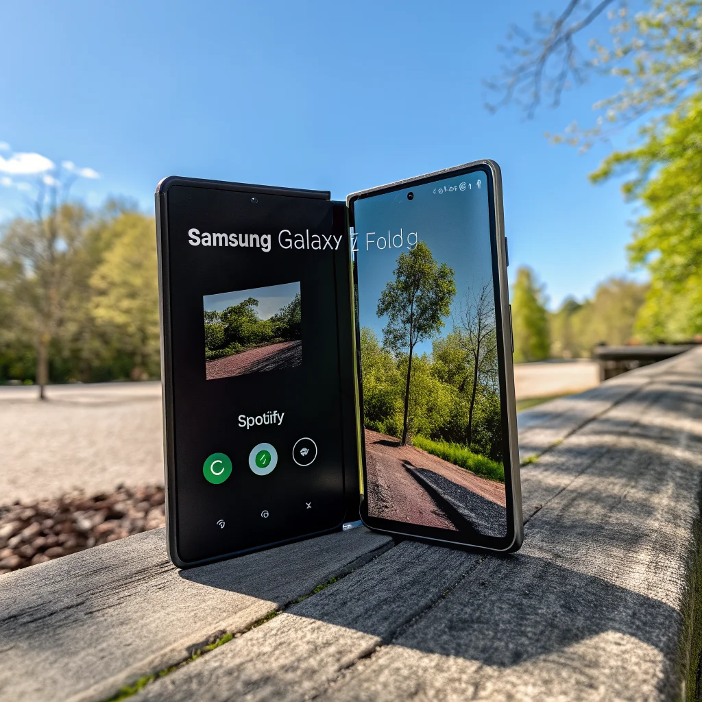 A Samsung Galaxy Z Fold 8 Ultra showing its cover screen with auto-rotate malfunction while using Spotify outdoors.