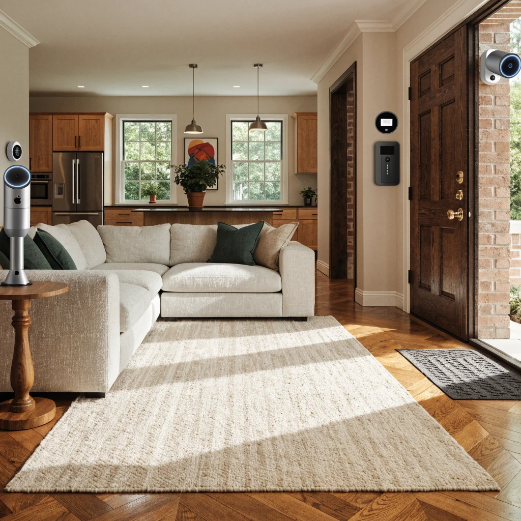 A modern smart home interior featuring Apple Home Collection devices like indoor and outdoor cameras, Apple thermostats, temperature sensors, video door phone, and smart door lock.