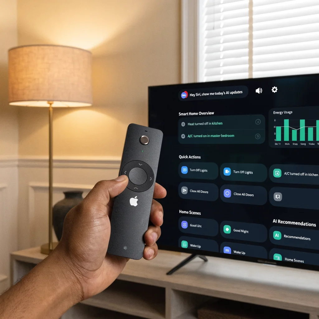 A close-up photo of an Apple TV 4K remote control in hand, with a smart home interface displaying Siri AI updates on the TV screen in the background.