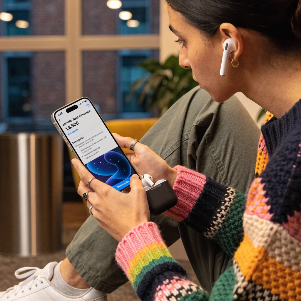 A close-up photo of a person testing new Apple AirPods beta firmware on an iPhone running iOS 26 beta in a modern tech environment.