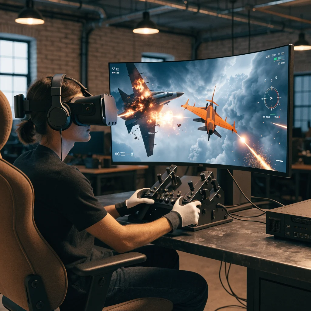 A realistic photo of a VR flight simulator setup featuring HOTAS controls displaying a dogfighting scene from an indie aerial combat game.