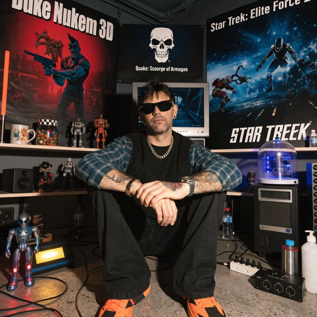 A portrait of Richard Gray, known as Levelord, surrounded by iconic 1990s video game artwork from Duke Nukem 3D, Quake: Scourge of Armagon, and Star Trek: Elite Force 2.