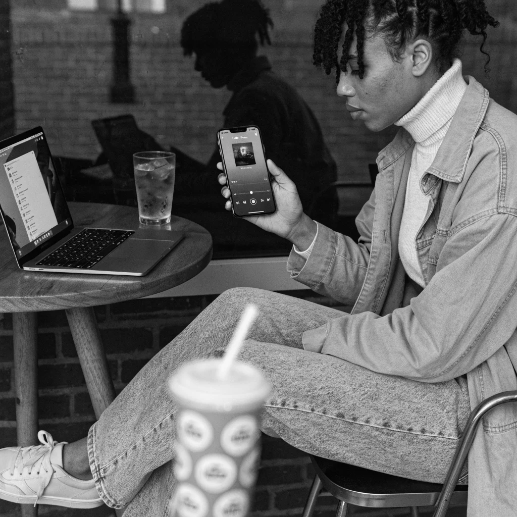 A person using the latest iOS 27.2 beta 4 on an iPhone while listening to Apple Music in black and white mode, next to a MacBook Pro.